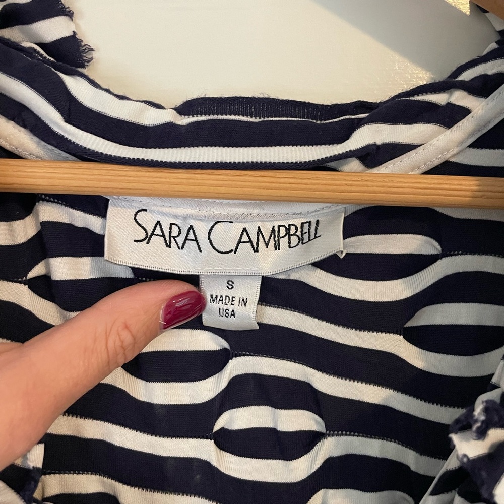 Navy and White Striped Dress With Ruffle Neckline - Picture 4 of 5